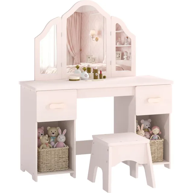 AIYAPLAY kinder kaptafel - kaptafel voor kinderen - make-uptafel met kruk - Kidz Kaptafel Kind met Spiegel - MDF, acryl - 79,5 x 33 x 90,7 cm - Roze