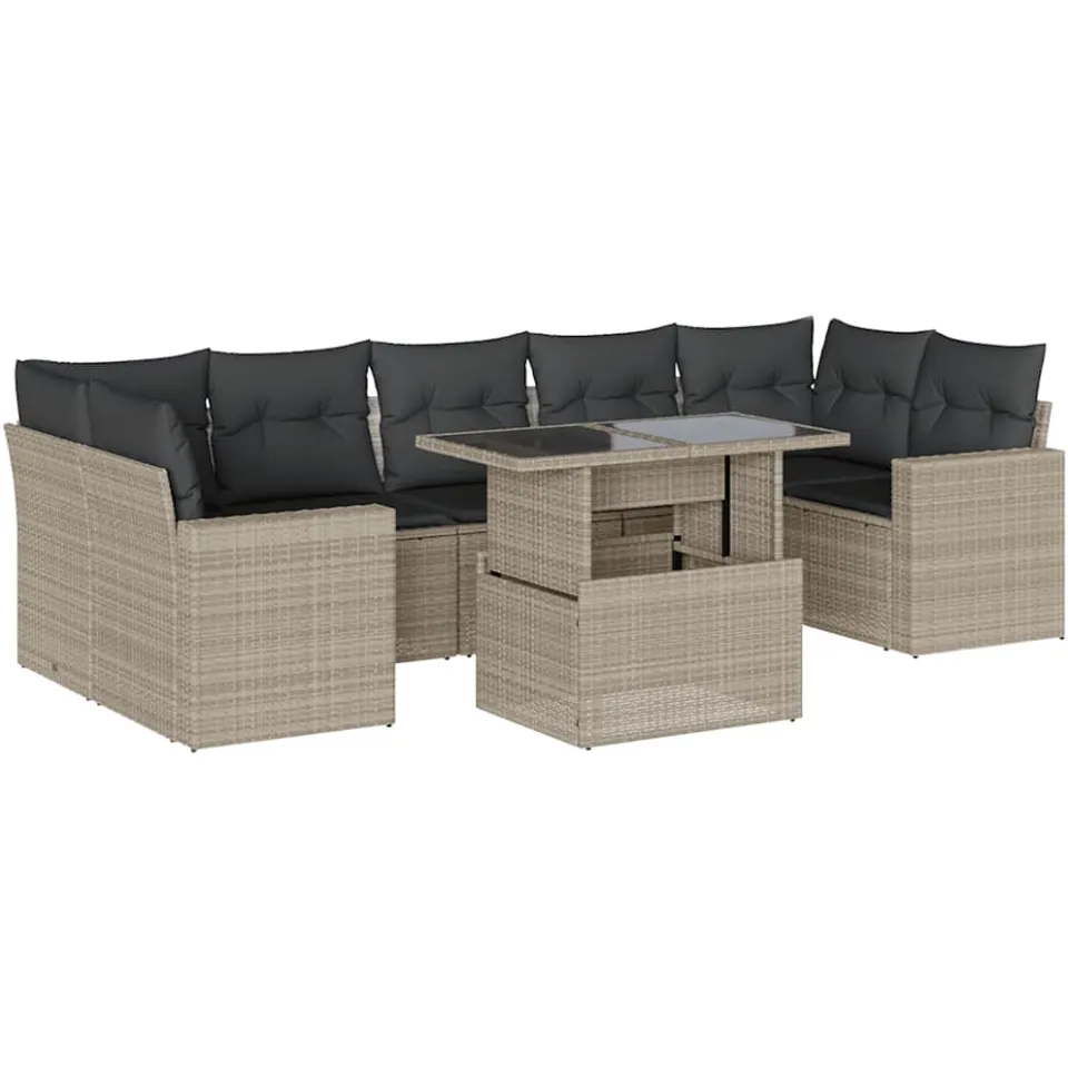vidaXL 8-delige Loungeset met kussens poly rattan lichtgrijs grijs