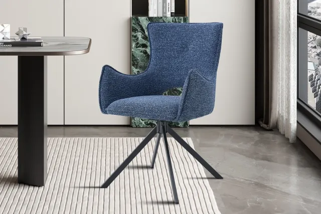 Rousseau Eetkamerstoel Faye Ecru – Stoffen Bekleding – Zwarte Metalen Poten – Per Stuk Blauw