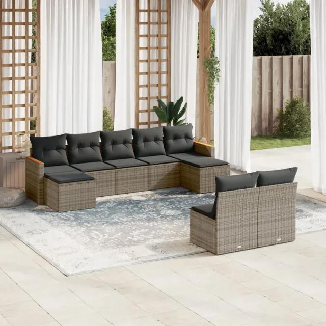 vidaXL 9-delige Loungeset met kussens poly rattan grijs, foto 2