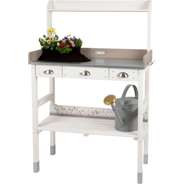 WONDERMAKE® Grote plantentafel wit met 3 laden van weerbestendig hout, tuinwerktafel XL voor buitenbalkon hoogwaardige kwaliteit, tuintafel, 85 x 45 x 130 cm, witgrijs