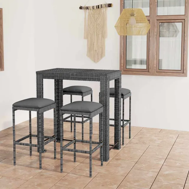vidaXL 5-delige Tuinbarset met kussens poly rattan grijs, foto 2
