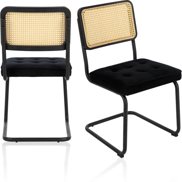 COLAMY stoel - Set van 2 stoelen - fluwelen eetkamerstoelen - rieten rugleuning - Zwart