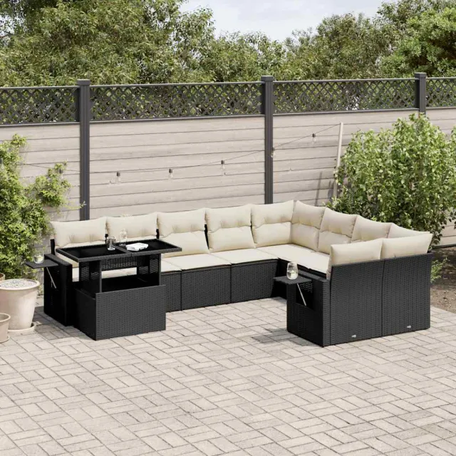 vidaXL 10-delige Loungeset met kussens poly rattan zwart, foto 2