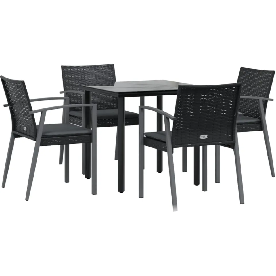 vidaXL 5-delige Tuinset met kussens poly rattan en staal Zwart