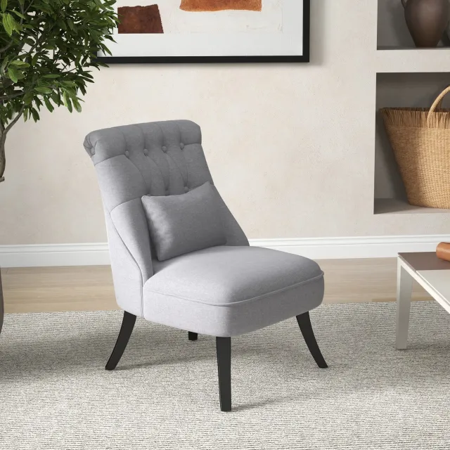 HAUSS SPOLE Fauteuil - Gestoffeerde Stoel met Rugkussen en Gebogen Houten Poten - Vintage Stijl voor Woonkamer, Slaapkamer en Kantoor - Linnen Grijs