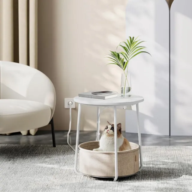 Vasagle Kleine ronde salontafel, bijzettafel met stoffen mand, opbergruimte, voor woonkamer, slaapkamer, nachtkastje, moderne stijl, matwit-camelbruin
