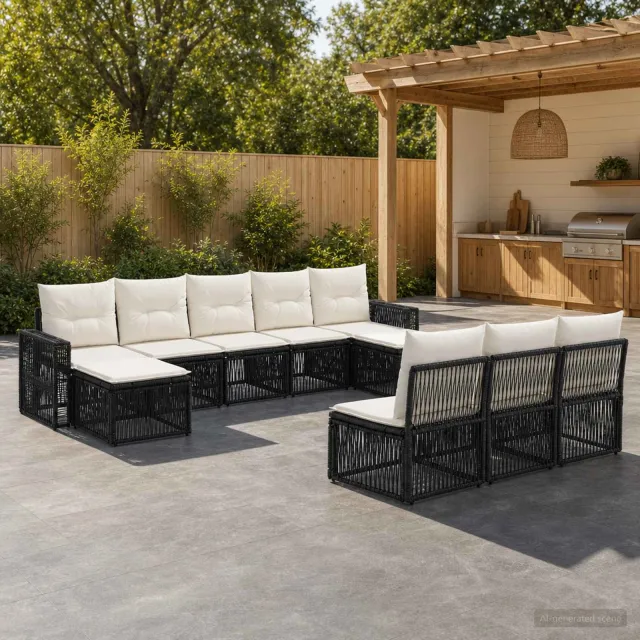 vidaXL Tuinbankenset 10 st 10-zits Zwart en Cream Wit poly rattan, foto 2