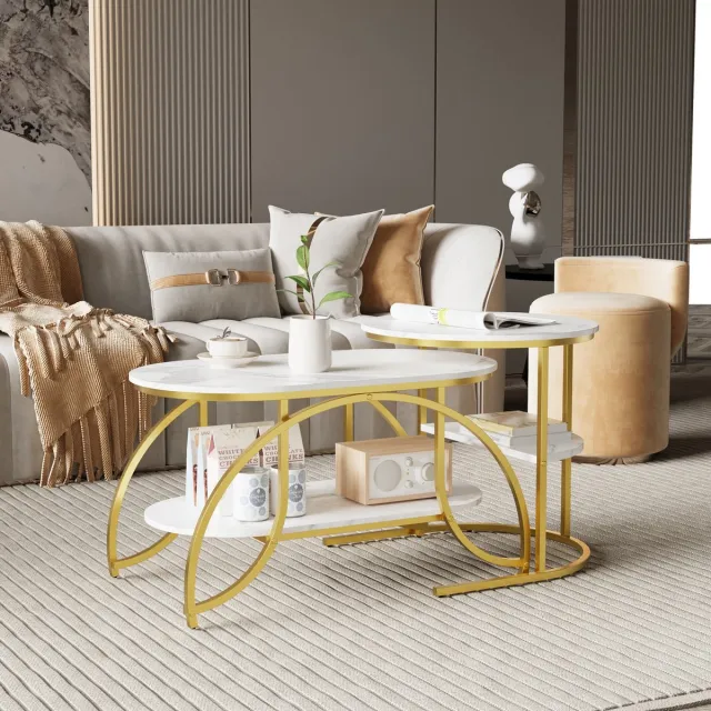 ROSAHQNDA Salontafelset van 2 ronde en ovale salontafels, moderne salontafelset, marmerfineer en metalen frame, salontafel voor woonkamer, balkon en kantoor (wit + gouden frame)