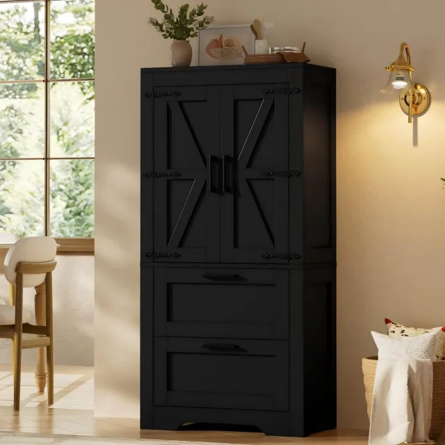 MODFU Keukenkast - Verstelbare Legplanken - Landhuisstijl - MDF - Zwart - 60 x 30 x 128 cm