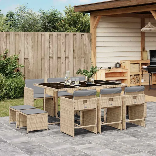 vidaXL 11-delige Tuinset met kussens poly rattan gemengd beige