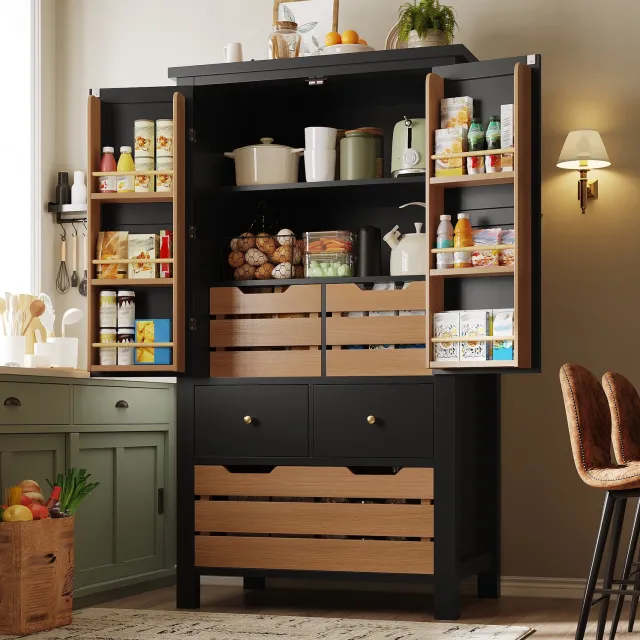Maisentiel Buffetkast voor de keuken - 80 x 40 x 140 cm - 2 deuren en 5 laden - zwart