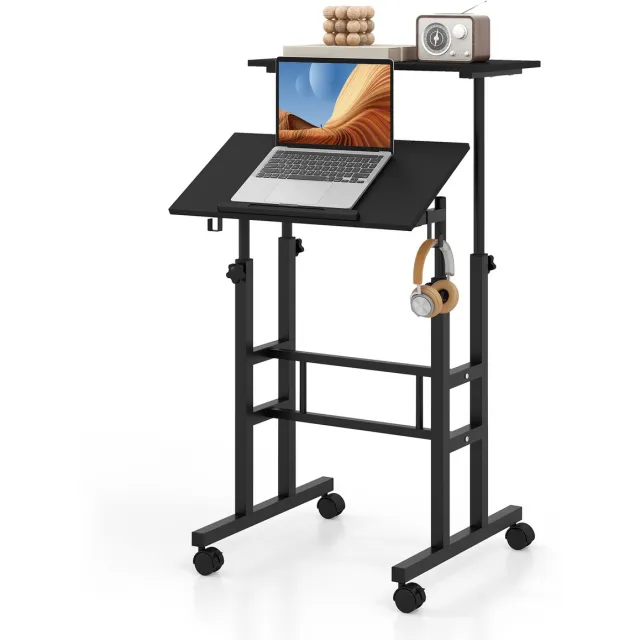 Costway Sta-bureau, in hoogte verstelbaar, mobiele computertafel met wielen, kantelbaar tafelblad en 2 haken, bureau, state-zittafel, laptoptafel voor thuis, kantoor (zwart)