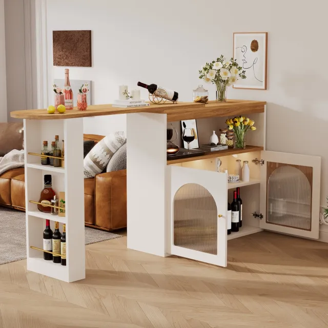 Gutent Bartafel, Wit, 138-193X39X105CM, met Opbergruimte, Telescopische tafel, Draaibaar, voor eetkamer, met 1 m LED-strip (instelbare lichtkleur)