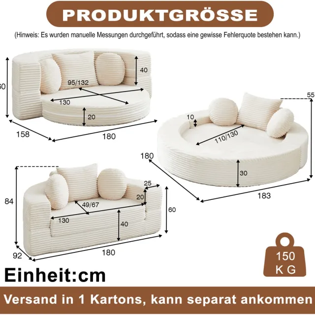 MODENUIT Slaapbank 180 cm - 4-in-1 Halfronde Bank en Rond Ligbed - Voor Woonruimte - Ribfluweel Beige