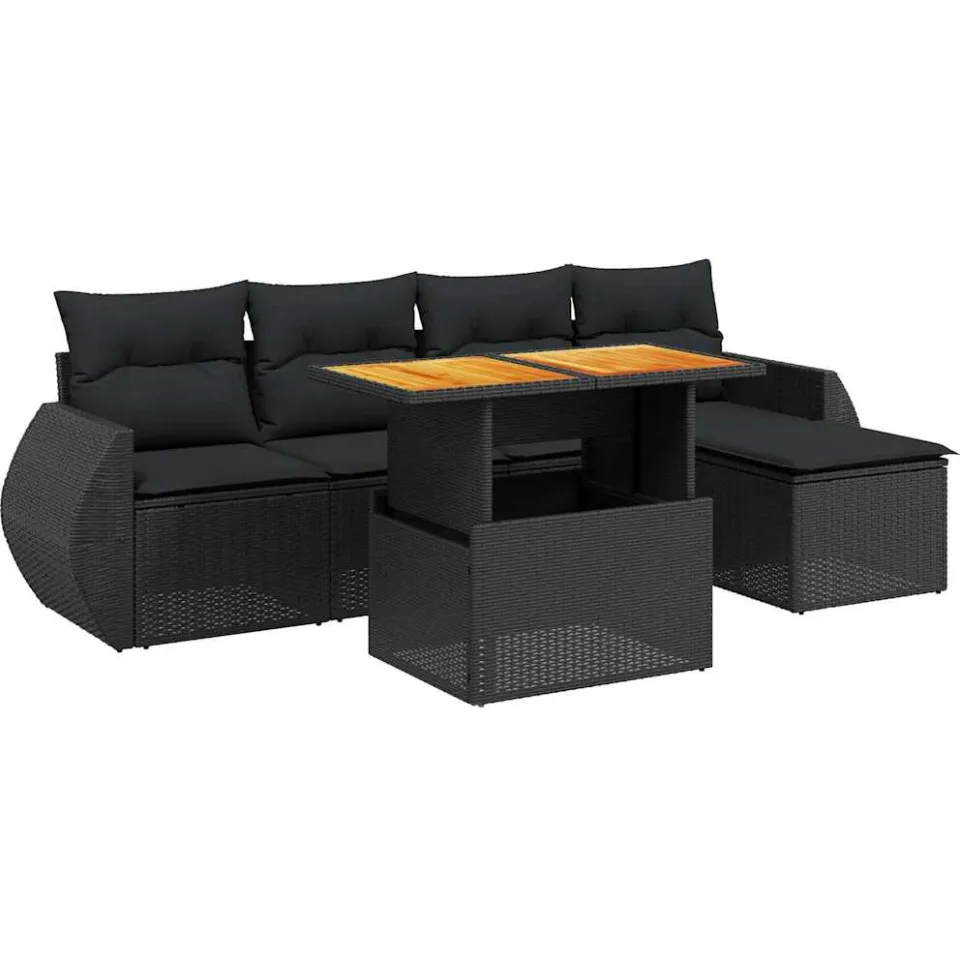 vidaXL 6-delige Loungeset met kussens poly rattan zwart