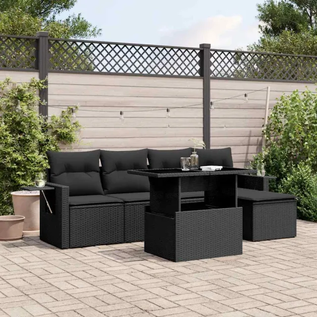 vidaXL 6-delige Loungeset met kussens poly rattan zwart, foto 2