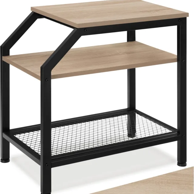 Tectake Bijzettafel met 2 planken en roosterplank - Nachtkastje in industrieel design - Voor woonkamer, slaapkamer, kantoor, hal - Eenvoudige montage - Zwart metalen frame - Afmeting (LxBxH) 36,5 x 58,5 x 59,5 cm - Lichtbruin