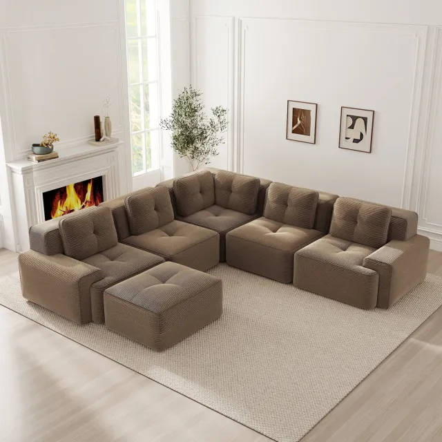 MODENUIT U-bank 295 cm - Modulair Met Ottomane - 5-Zits Voor Woonkamer En Bureau - Corduroy - Bruin