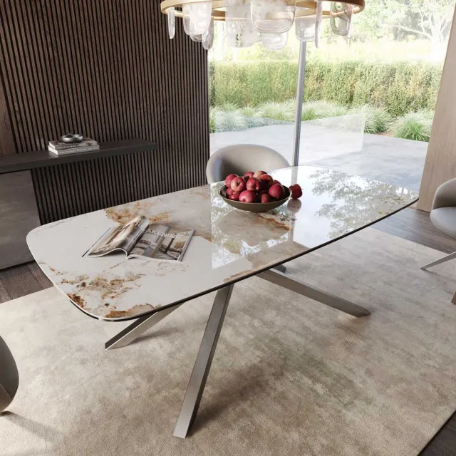 DELIFE Eetkamertafel Edge wit-beige Boot keramiek Minas Melange 200x100 kruisframe rechthoek RVS Weiß-Beige