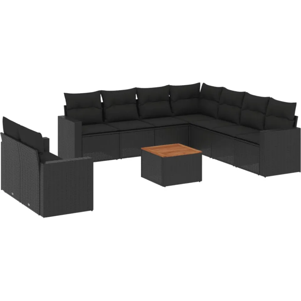 vidaXL 10-delige Loungeset met kussens poly rattan zwart