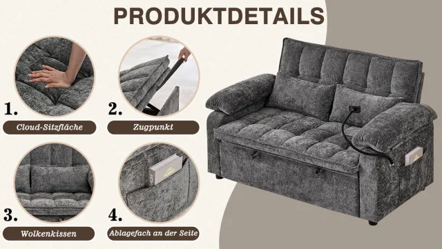 MODENUIT Slaapbank 142 cm - Verstelbare Rugleuning en Opbergruimte - Voor Woonkamer - Chenille - Grijs