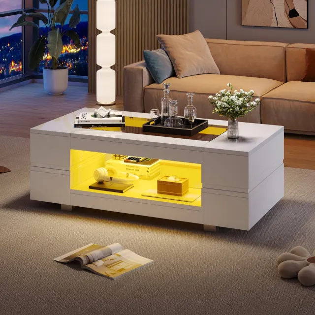 OKWISH Salontafels - Hoogglans Salontafel Met LED En App-Bediening - 100x50x35 cm - Spaanplaat - Wit