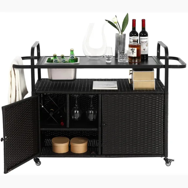Corenia Mobiele Buitenbar – Buitentafel – Serveerwagen – Bar Op Wielen – PE-Rattan – Weerbestendig Frame – 70 Kg Draagkracht Zwart