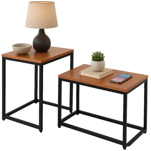 Cheqo Industriële Bijzettafels Set - Bijzettafel Set - Bijzet Tafel - Salontafel Industrieel - Verstelbaar & In Elkaar Schuifbaar - MDF & Metaal NTB