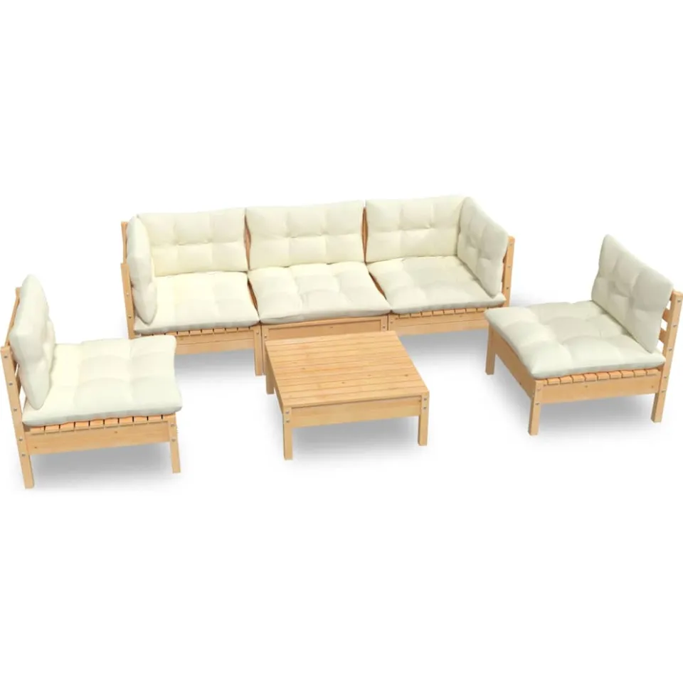 vidaXL 6-delige Loungeset met crèmekleurige kussens massief grenenhout