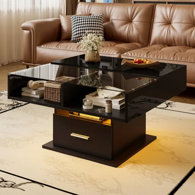 DESMIU Salontafel - Hoogglans Liftfunctie Met Led En Opbergruimte - Voor Woonkamer En Kleine Ruimtes - Spaanplaat Zwart - 78x78x45,5/59,5 Cm