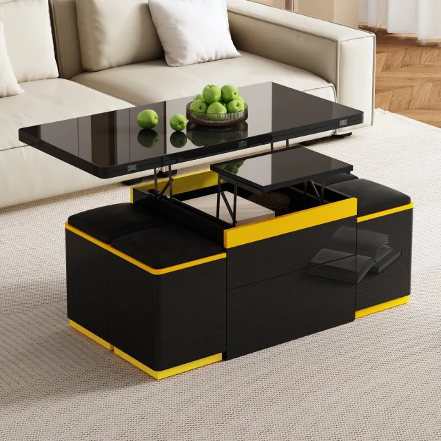 STILVORA Salontafel - Opklapbaar En In Hoogte Verstelbaar - Met 4 Opberghockers Voor Woonkamer - MDF - Zwart;Geel - 100x50x43 Cm