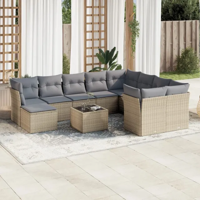 vidaXL 11-delige Tuinset met kussens poly rattan beige, foto 2
