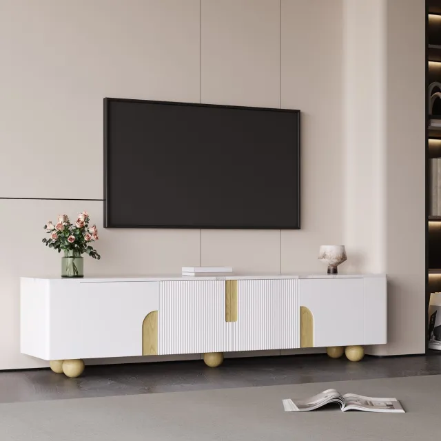 Sweiko TV meubel - 4 deuren - Marmerlook - Houten poten - 180 x 40 x 44 cm - Wit