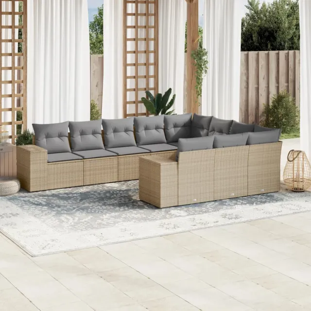 vidaXL 10-delige Loungeset met kussens poly rattan beige, foto 2