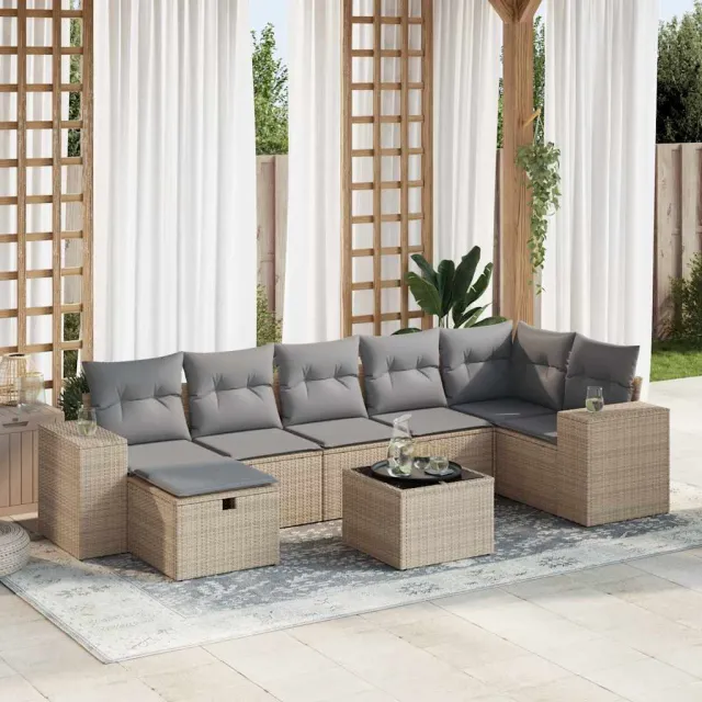 vidaXL 8-delige Loungeset met kussens poly rattan beige, foto 2