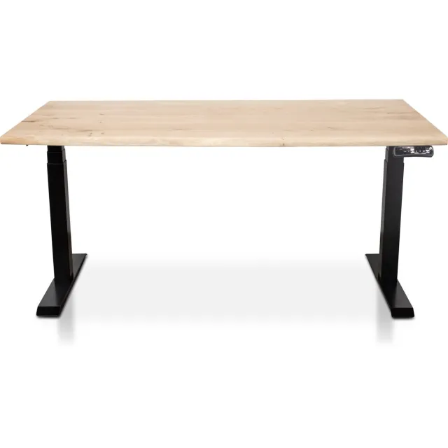 Multi Ratio Zit-sta bureau met massief eiken boomstam blad 140 x 80 cm - MRC PRO NEN-EN 527 - elektrisch verstelbaar - frame zwart - 130 cm hoog - 150KG draagvermogen