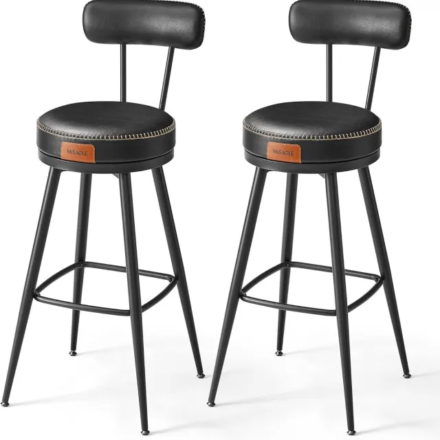 FurnStar Barkruk set van 2 - 360° draaibare barkruk - Kruk met rugleuning voor bartafel - Kunstleer met naden - Mid-Century moderne stijl - 76 cm hoog - Keuken huisbar - Inktzwart - LBC889B01 Inktzwartt