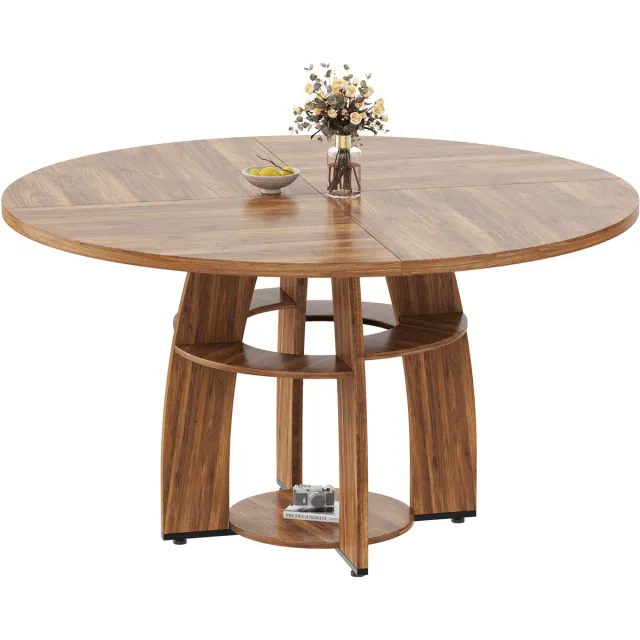 HOERFURIY Ronde Eettafel Ø 120 cm met Opbergplank - Voor 4 tot 6 Personen - Houtlook - Scandinavisch Design - Keukentafel / Eetkamertafel - walnootkleur