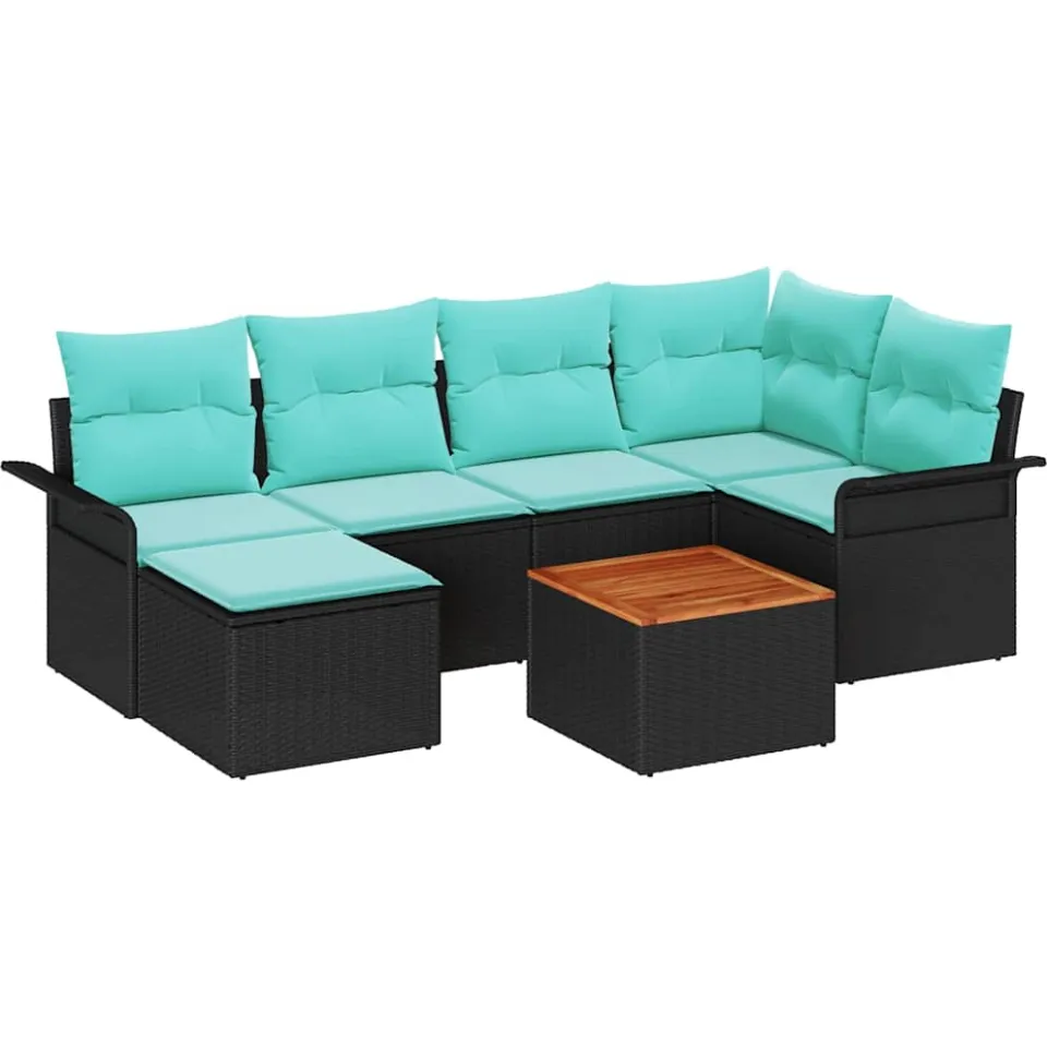 vidaXL Tuinbankenset 7 st Zwart en Turquoise poly rattan