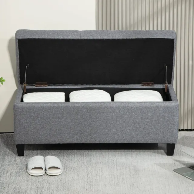 REDOM Bank - Opbergbank met opklapbare zitting en binnenruimte - Knopenafwerking - Klassieke stijl - Hal, woonkamer en slaapkamer - Polyester en hout - Lichtgrijs - 100 x 40 x 44 cm
