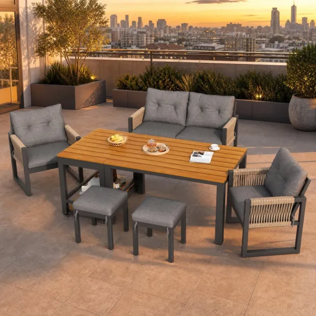 COVREO Loungeset grijs en naturel, metaal en touw, met tafel en kussens