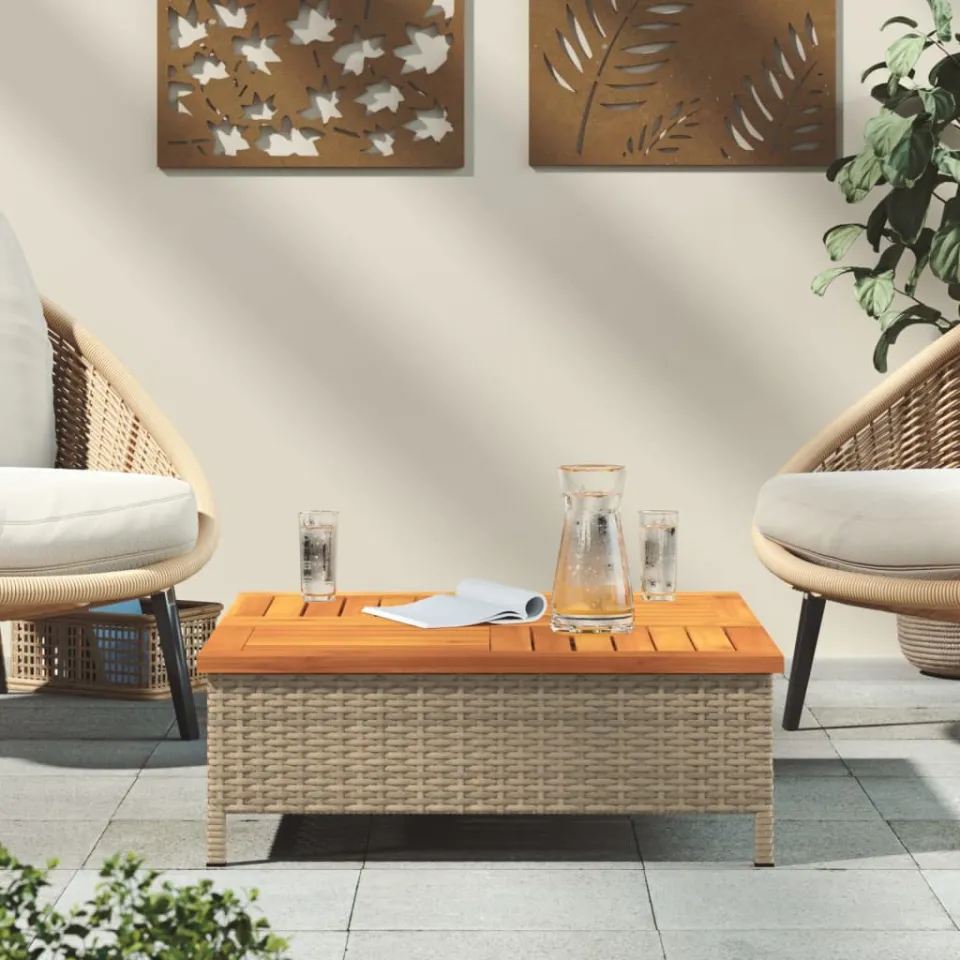 vidaXL Tuintafel 70x70x25 cm poly rattan en acaciahout beige, foto 3