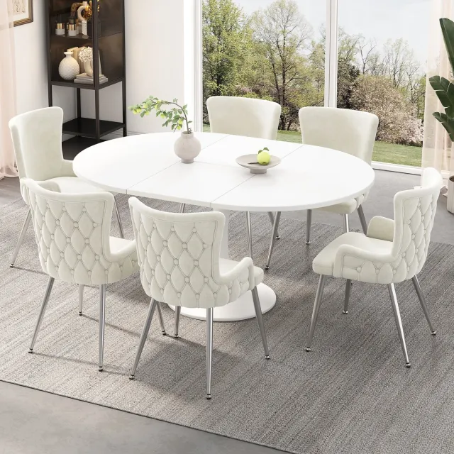 MEUNIQ eetkamerstoel set van 6 met armleuningen, velvet bekleding, metalen poten en gecapitonneerde rugleuning, beige stoel voor eetkamer of woonkamer