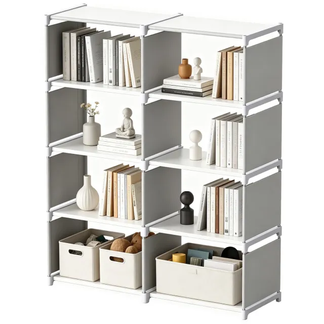 Soontrans Boekenkast - Twee Rijen - 4 Lagen - 8 Vakjes - Multifunctionele Opbergkast - Modern design Vakkenkast geschikt voor Woonkamer - Slaapkamer en Studeerkamer - Wit