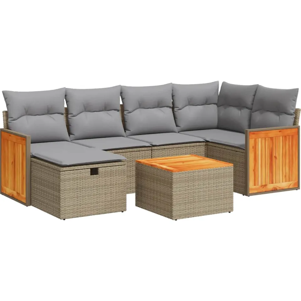 vidaXL 7-delige Loungeset met kussens poly rattan beige, foto 3