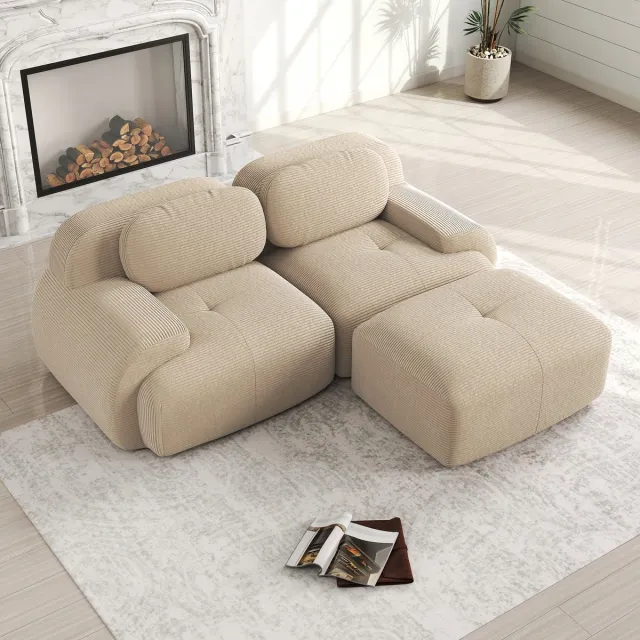 STILVORA Hoekbank 208 Cm - Modulair Te Combineren Met Gebogen Armleuningen - Zonder Montage Voor Woonkamer En Slaaphoek - Ribstof Beige