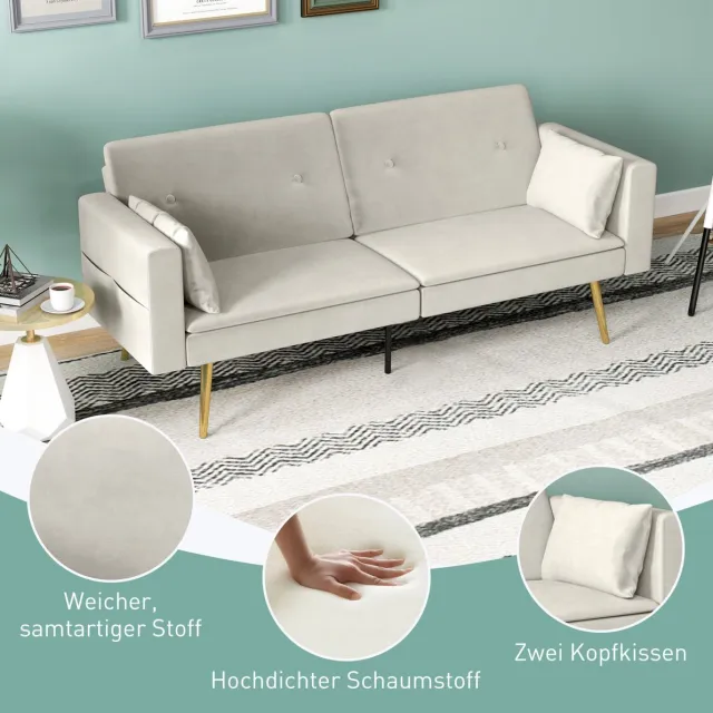 MIVRAY Slaapbank 2-Zits 181 Cm Verstelbare Rugleuning Met Slaapfunctie En Zijvakken Voor Woonkamer En Logeerkamer Beige Polyester