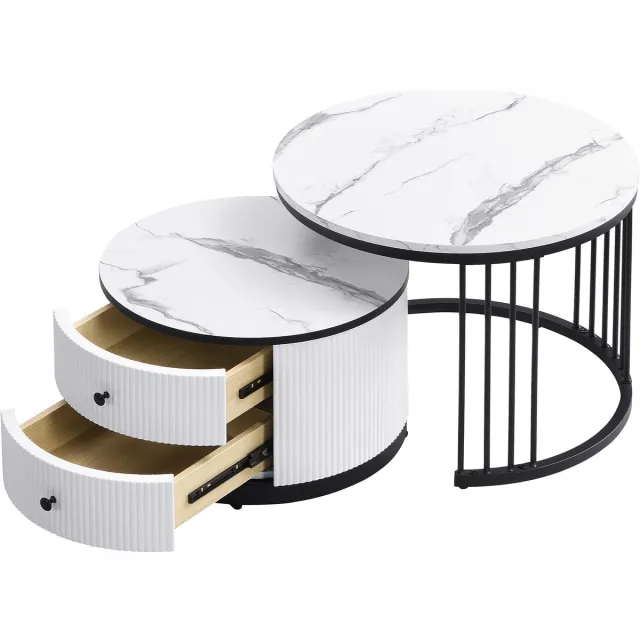 MUVANO Salontafel set wit marmerlook - Ronde salontafel met lades - Nesting tafels - 60x60x45,5 cm en 50x50x32 cm - Ruimtebesparend - Woonkamer Wit