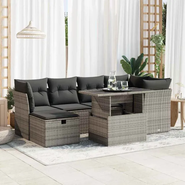 vidaXL 7-delige Loungeset met kussens poly rattan grijs, foto 2